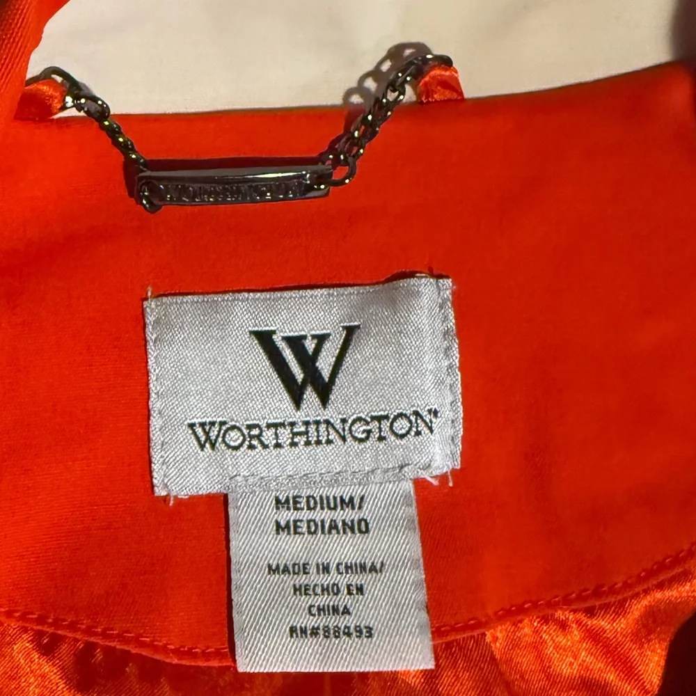 Worthington Lined Red Raincoat Black Buttons Long Sleeve Collared Belt - Picture 4 of 16